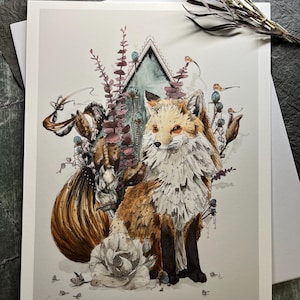 May include: A detailed watercolor print of a fox with a white and orange coat, surrounded by floral and botanical elements. The artwork features a white rose, butterflies, and a geometric structure, all set against a light background.