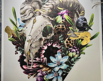May include: A black and white skull with gold accents is surrounded by colourful flowers and leaves. Two small birds are perched on the skull, and a third bird is perched on a branch above. The image is set against a white background.