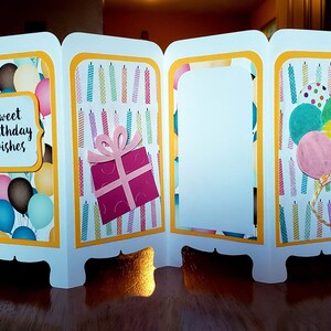 May include: A white card with a four-panel screen design. Each panel has a different birthday-themed design. The first panel has a balloon pattern with the text "sweet birthday wishes". The second panel has a pattern of colorful candles. The third panel is blank. The fourth panel has a pattern of colorful candles with a pink gift box and a cluster of balloons.