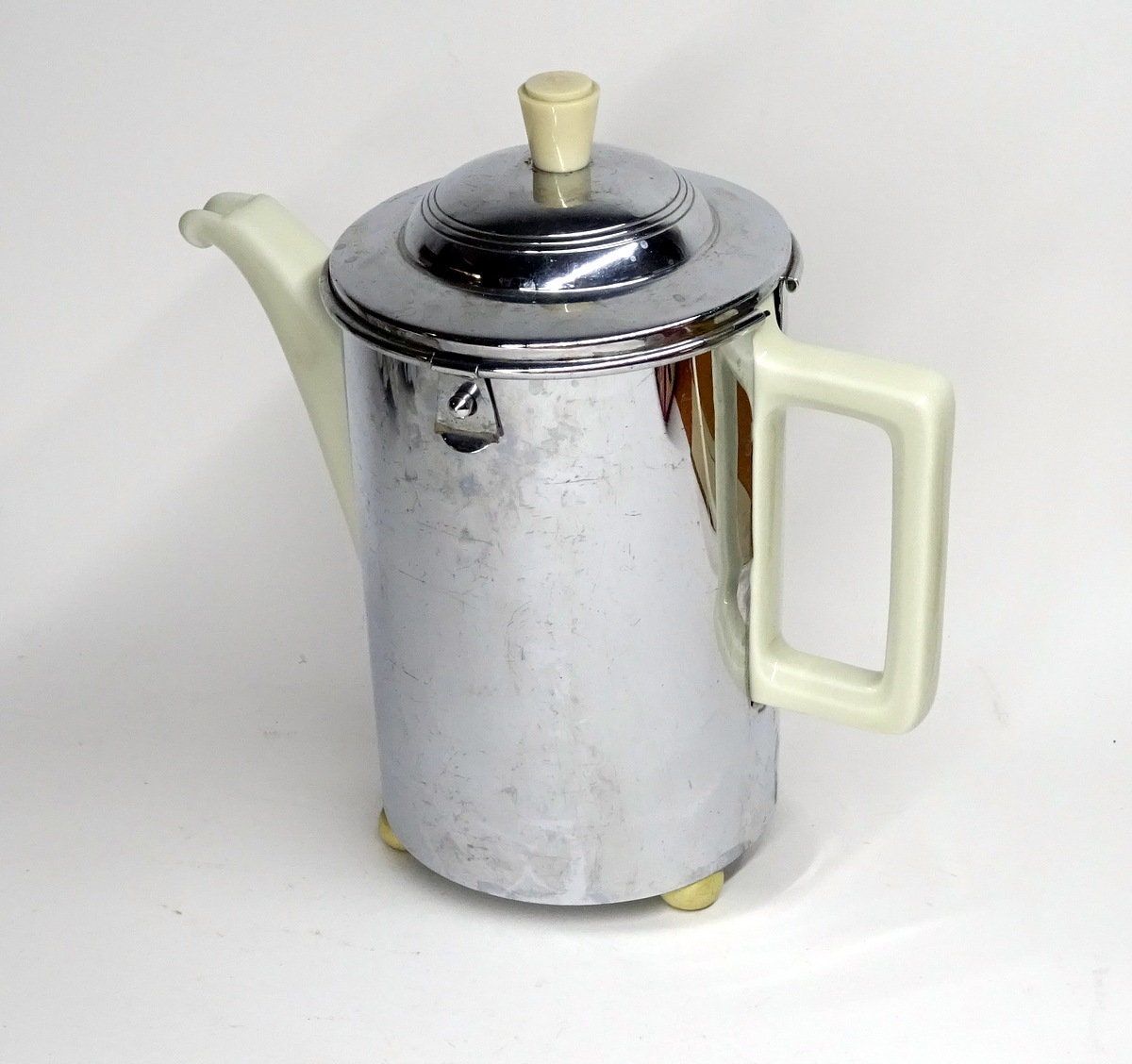 Art Deco Ball Thermal Teapot, Bauscher D.R.P. With Chrome Thermal Cover,  1930s, Pre-war Version Metal, Bauhaus, Felt Insulation, Vintage 