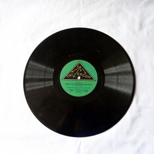 Pode incluir: Um disco de vinil preto com um rótulo verde e branco. O rótulo apresenta a palavra "TRI-ERGON" e texto em alemão. O disco está centrado em um fundo branco, mostrando sua forma circular e superfície reflexiva.