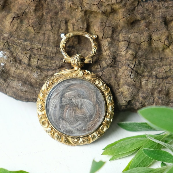 Antique Georgian or Victorian Mourning Hair Pendant, Pinchbeck Brass, Memento Mori, Sentimental Memorial Locket Charm, Goth Steampunk Witchy