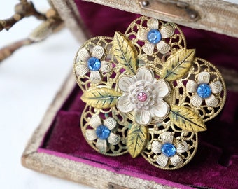 1920s 1930s Painted Floral Czech Glass Brooch, Art Deco Bohemian Filigree Flower, Botanical Birthday Wedding Anniversary Valentines Day Gift