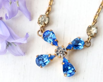 Vintage Sparkly 1930s Art Deco Flower Necklace with Foiled Glass Rhinestones, Something Blue Wedding, Anniversary, Floral Birthday Valentine