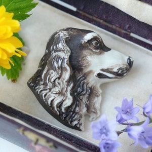 May include: A porcelain figurine of a black and white dog with long, flowing hair. The figurine is displayed in a purple velvet box with a floral design.