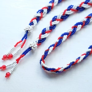 1920s 1930s Long Red White and Blue Beaded Flapper Necklace or Belt, Tassels, Sautoir Lariat Glass Beads, Antique Art Deco, Vintage Wedding