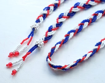 1920s 1930s Long Red White and Blue Beaded Flapper Necklace or Belt, Tassels, Sautoir Lariat Glass Beads, Antique Art Deco, Vintage Wedding