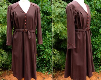 1940s Chestnut or Chocolate Brown Heavy Wool Belted Dress with Orange Piping, Buttons, Long Sleeves, Autumn Fall Winter, Volup Cottagecore