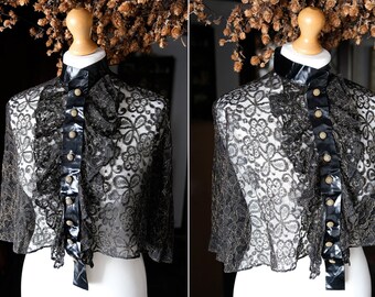 Vintage 1930s Black and Gold Floral Lace and Silk Capelet with Filigree Buttons, Art Deco Cape, Witchy Gothic Shrug Boho Wedding Size Small