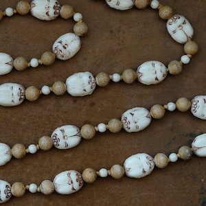 1920s Max Neiger Egyptian Revival Scarab Beetle Beaded Necklace, Vintage Art Deco White and Cream Czech Glass, Flapper Beads, Ancient Egypt image 1