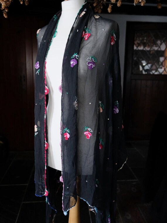 Vintage 1930s Black Silk Chiffon Floral Shawl; Emb