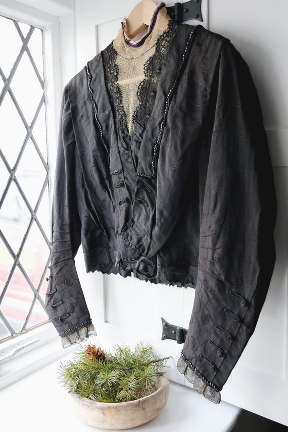 Antique Victorian Silk Brocade Mourning Blouse Top