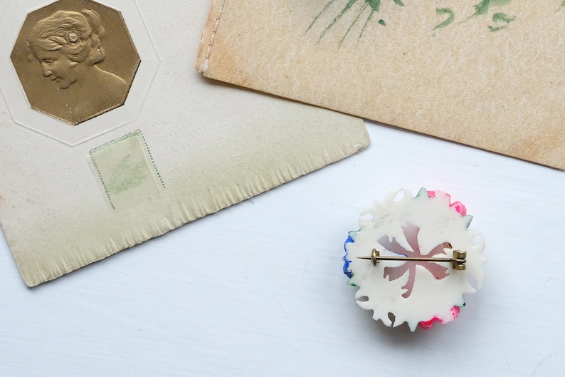 Vintage 1920s Carved Hand Painted Painted Bone Pin Brooch; Edelweiss and Gentian Flower Wreath; Austrian Souvenir; Floral