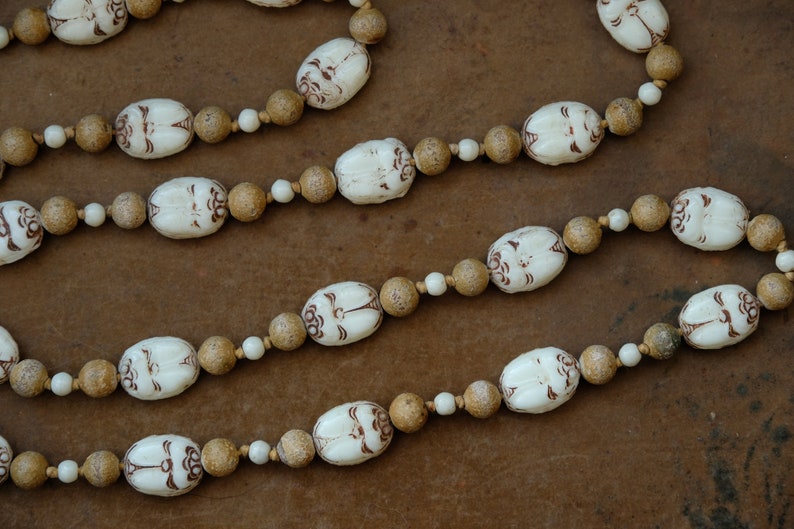 1920s Max Neiger Egyptian Revival Scarab Beetle Beaded Necklace, Vintage Art Deco White and Cream Czech Glass, Flapper Beads, Ancient Egypt image 6