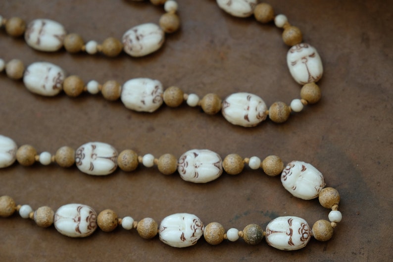 1920s Max Neiger Egyptian Revival Scarab Beetle Beaded Necklace, Vintage Art Deco White and Cream Czech Glass, Flapper Beads, Ancient Egypt image 3