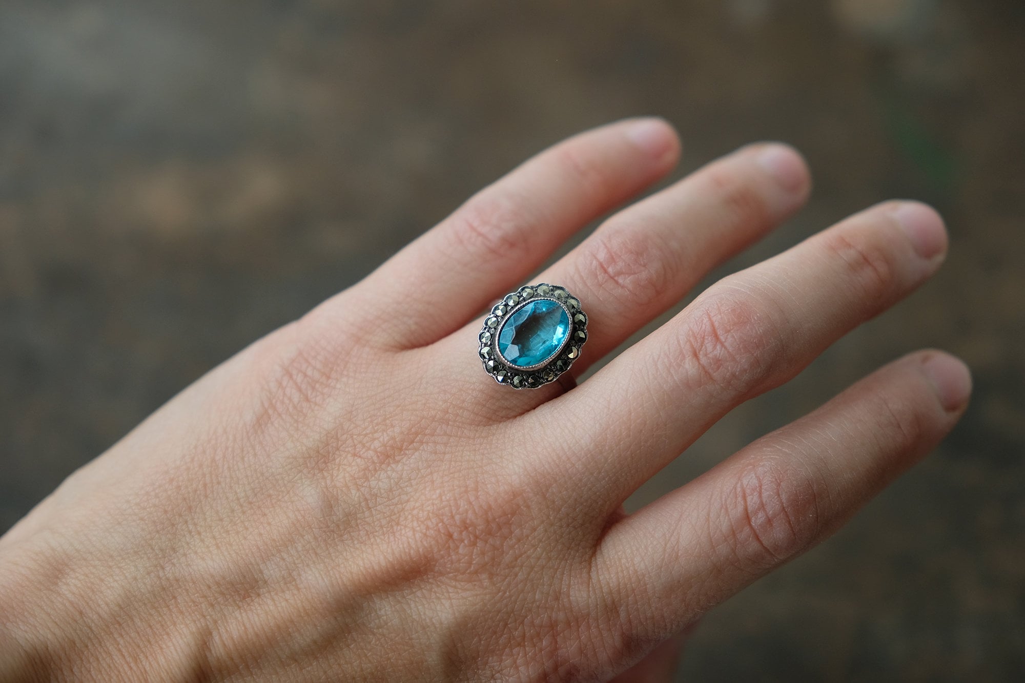 Art Deco Silver, Blue Topaz Glass and Marcasite Statement Ring, Fool's ...