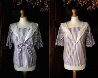 Vintage 1950s Striped Sailor Smock, Purple and White Stripy Square Neck Top, Mid Century Lilac Cotton Blouse, Short Sleeves Summer Shirt