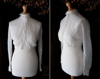 Antique Victorian Edwardian White Dotted Swiss Cotton Sheer Blouse, 1900s Polka Dot Lace Shirtwaist? Top, Boho Wedding Bodice Size XXS