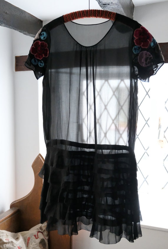 Vintage 1920s Black Chiffon Sheer Flapper Dress, … - image 4