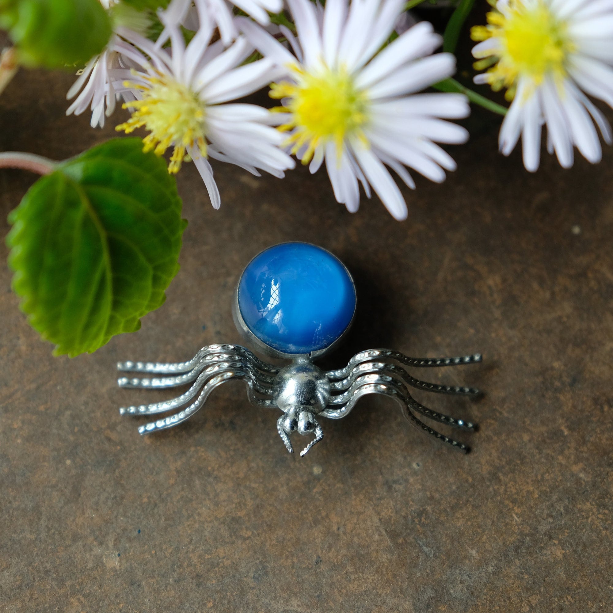 Art Deco Chrome and Blue Satin Glass Spider Brooch, 1930s 1940s 