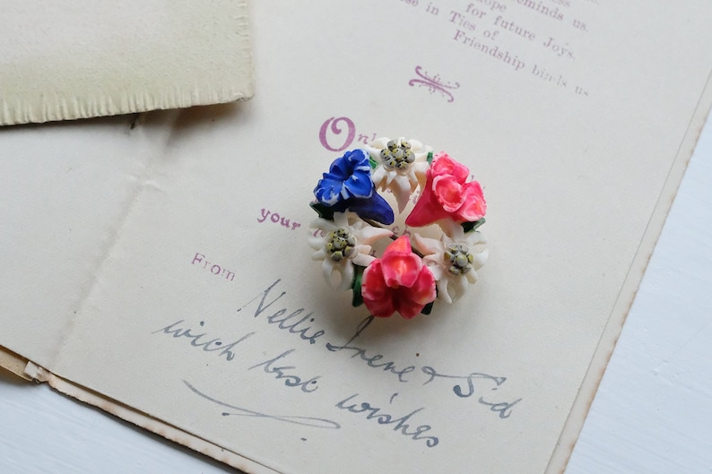 Vintage 1920s Carved Hand Painted Painted Bone Pin Brooch; Edelweiss and Gentian Flower Wreath; Austrian Souvenir; Floral