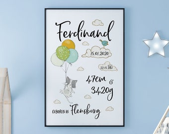 Geburtsdatenbild / Personalisierte Geburtsanzeige / Bild Kinderzimmer / Geschenk Geburt für Mädchen und Junge