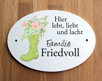 Türschild Familie personalisiert Motiv Gummistiefel mit Blumen Spruch Hier lebt, liebt und lacht