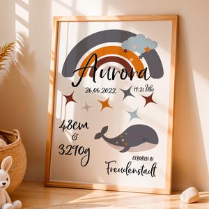 Geschenke zur Geburt Personalisiertes Geburtsdatenbild - Geburtsposter - Geburtsanzeige Regenbogen Wal