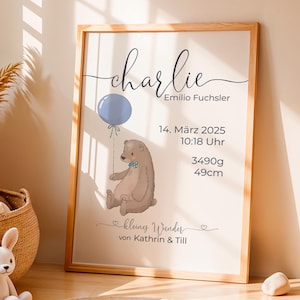 Babygeschenk Personalisierte Geburtsanzeige / Geburtsposter / Kinderbild / Druck / Geburtsdatenbild Bär / Geschenk Geburt Taufe Junge