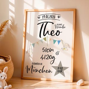 Personalisierte Geburtsanzeige Kinderbild Druck Geschenk Geburt Junge - Geburtsdatenbild - Geburtsposter