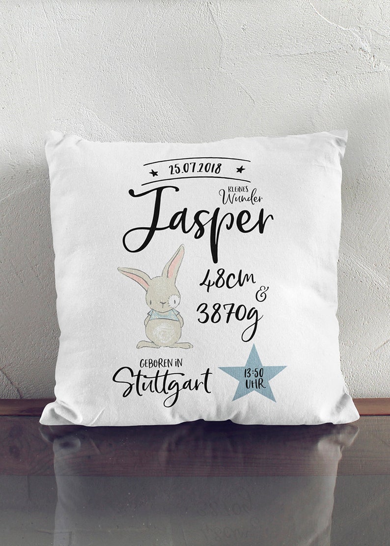 Pillow with name and dates of birth / birth date pillow bunny / gift for birth and baptism image 3