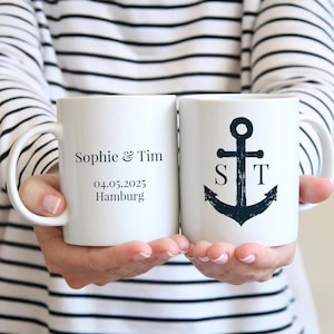 Geschenk Hochzeit personalisiert Tasse Anker Motiv mit Monogramm und Namen und Datum