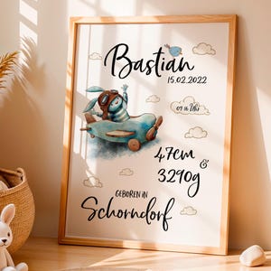Personalisierte Geburtsanzeige / Geburtsdatenbild / Geburtsposter / Kinderbild / Druck / Geschenk Geburt Junge / Hase im Flugzeug