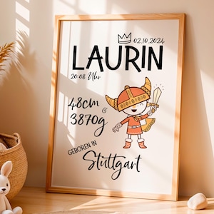 Personalisierte Geburtsanzeige Kinderbild Druck Geburtsposter Geburtsdatenbild Wikinger Geschenk Geburt Taufe Junge