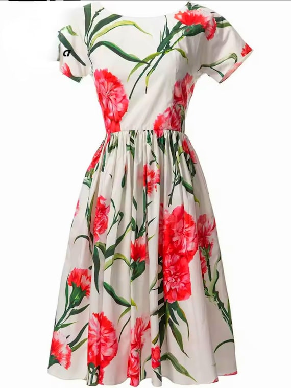 Handmade Italian Designer Carnation Print Push Up Cotton Dress Handmade Italian Designer Carnation Print Push Up Cotton Dress