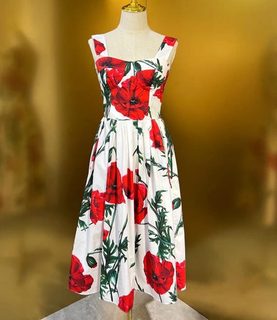 Handmade Italian Designer Carnation Print Push-Up Cotton Dress