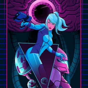 Puede incluir: Un póster de estilo retro con un personaje femenino con un traje azul que sostiene un arma, de pie frente a una gran estructura cerebral de color rosa. El texto "METROID ZERO MISSION" está en la parte inferior del póster.