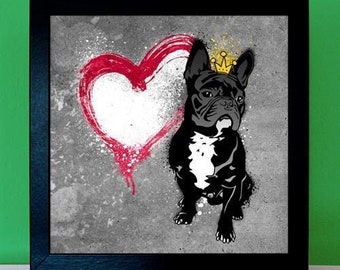 French Bulldog Frenchie Street Art Style Dog Picture Poster Canvas Print Portrait Graffiti with Heart Gifts for Dog Owners Art