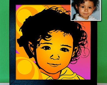 Portrait d'enfant Pop Art - photo personnalisée de l'enfant, petit-fils, fils, fille comme œuvre d'art rétro dans le style des années 60 et 70