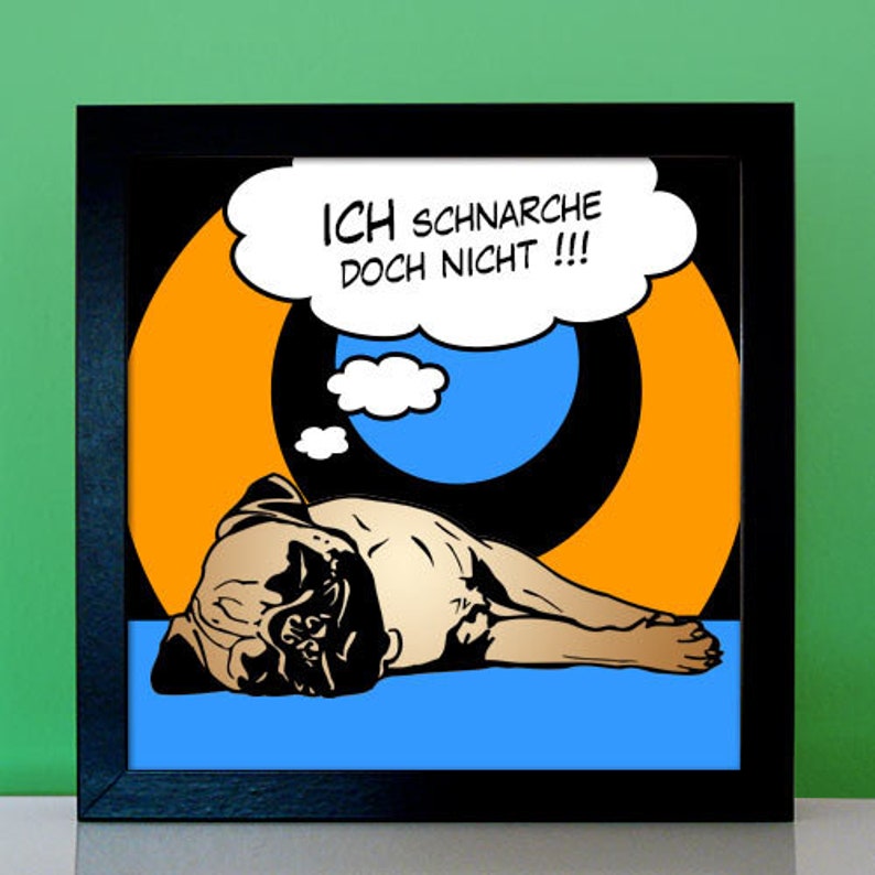 Schlafender Mops mit eigenem Spruch personalisierte Geschenke für Mopsliebhaber Mopsfans Mopsfreunde Mopsbesitzer Hundebilder Pop Art Comic Bild 2