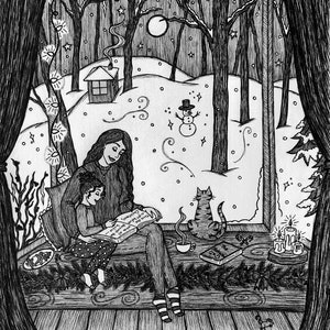 May include: A black and white illustration of a mother and child reading a book by a window. The window looks out onto a snowy forest scene with a snowman and a string of lights. There is a cat sitting on a windowsill and a book on the floor.