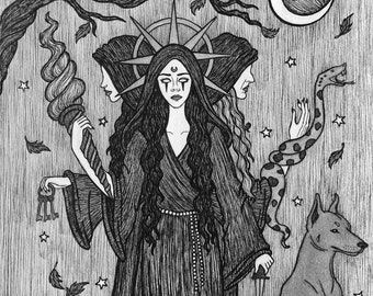 Hecate, Torchbearer of Truth 5x7 Pen & Ink Greek Goddess of Crossroads Magic Transitions Underworld Ghosts Dogs Fine Art Print