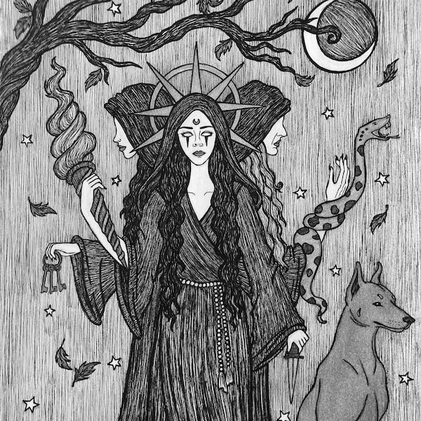 Hecate, Torchbearer of Truth 5x7 Pen & Ink Greek Goddess of Crossroads Magic Transitions Underworld Ghosts Dogs Fine Art Print