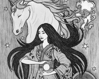 Amaterasu, The One Who Makes The Heavens Shine 5x7 Shinto Japanese Goddess of the Sun Beauty Mirror Horse Artwork Pagan Pen Ink Art Print