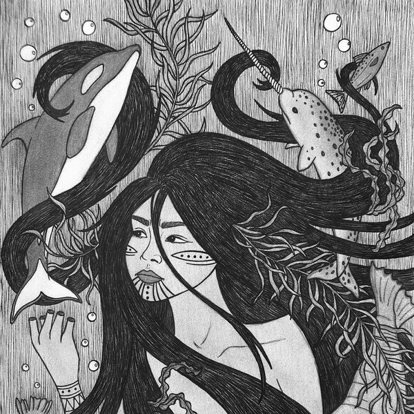 Sedna, Mother of the Deep 8x10 Inuit Inuk Goddess Mythology Indigenous Sea Ocean Orca Narwhal Seal Walrus Pagan Pen & Ink Fine Art Print