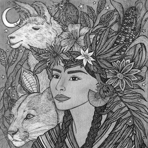 Puede incluir: Una ilustración en blanco y negro de una mujer con trenzas largas, que lleva una corona de flores y una camisa a rayas. Está rodeada de plantas y animales, incluyendo una llama, un puma y maíz. El texto "Tierra, mi cuerpo Agua, mi sangre Aire, mi aliento Fuego, mi espiritu" está escrito en cursiva en la parte inferior de la imagen.