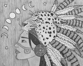 Ix Chel Protector Of Women 5x7 Mayan Latina Indigenous Moon Jaguar Rainbow Woman Goddess Witchy Artwork Pagan Pen & Ink Fine Art Print