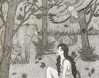 She Of The Wild Pen & Ink Print 5x7 Artemis Greek Goddess Huntress Diana Moon Red-Tailed Hawk Black Bear Artwork Pagan Fine Art Print