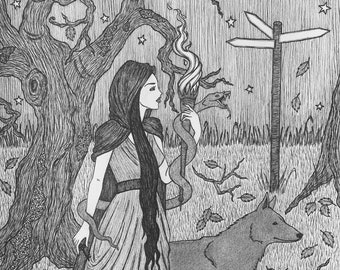 Hekate Queen Of The Crossroads Pen & Ink Print 5x7 Goddess Witchcraft Magic Moon Night Underworld Dog Serpent Artwork Pagan Fine Art Print
