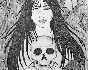 Impresión en pluma y tinta de la diosa Morana de la muerte, 8 x 10, folklore eslavo, Marzanna Mara, otoño, invierno, inframundo, brujería, obra de arte, impresión de bellas artes paganas